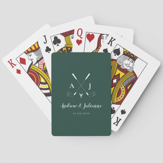 Emerald Green Modern Monogram Golf Wedding Poker Cards (Back)