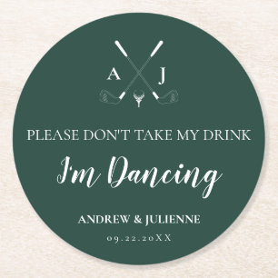Emerald Green Modern Monogram Golf Wedding Round Paper Coaster