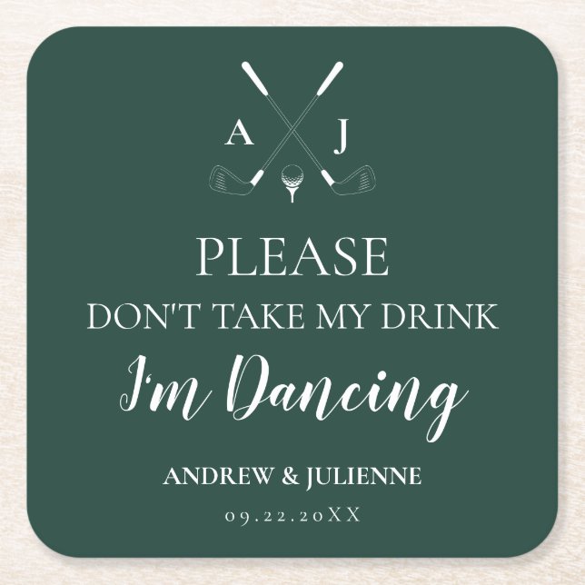 Emerald Green Modern Monogram Golf Wedding Square Paper Coaster (Front)