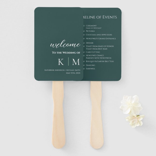 Emerald Green-Modern- Monogram-Wedding Program- Hand Fan (Front and Back)