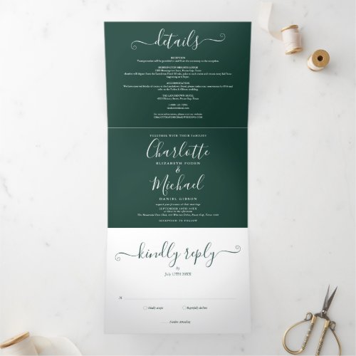 Emerald Green Modern Script Monogran Photo Wedding Tri_Fold Invitation