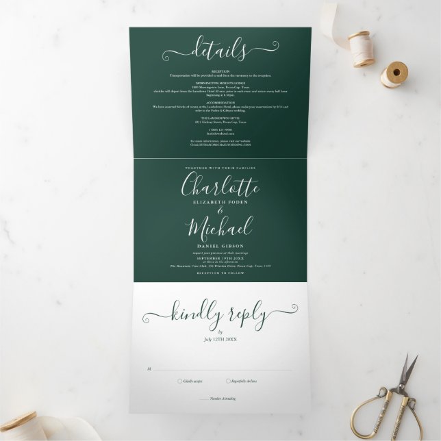 Emerald Green Modern Script Monogran Photo Wedding Tri-Fold Invitation (Inside)