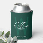 Emerald Green Modern Script Personalized Groomsmen Can Cooler<br><div class="desc">Modern Minimalist Personalized Monogram and Name Gifts This design features personalized name in white modern handwriting script font style and monogram in light emerald green modern sans serif font style as background, with wedding details in white modern sans serif font style, on emerald green background. Also perfect for best man,...</div>