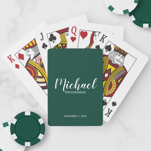Emerald Green Modern Script Personalized Groomsmen Playing Cards