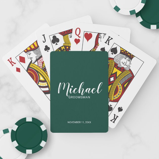 Emerald Green Modern Script Personalized Groomsmen Poker Cards (Creator Uploaded)