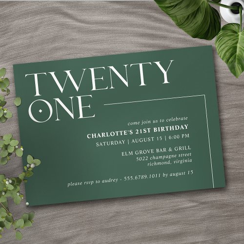 Emerald Green  Modern Simple 21st Birthday Party Invitation