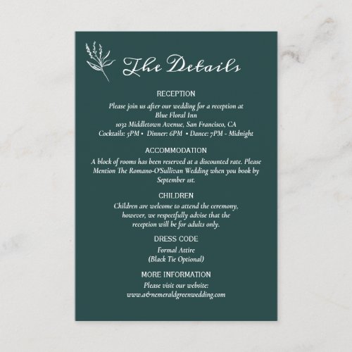 Emerald Green Modern Simple The Details Wedding Enclosure Card