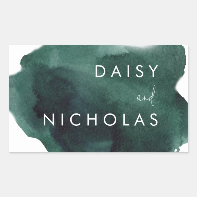 Emerald Green Modern Watercolor Wedding Engagement Rectangular Sticker (Front)
