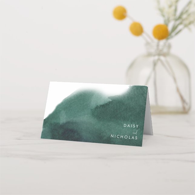Emerald Green Modern Watercolor Wedding Place Card (Front)