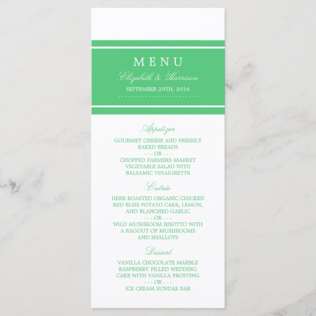 Emerald Green Modern Wedding Menu (Front)