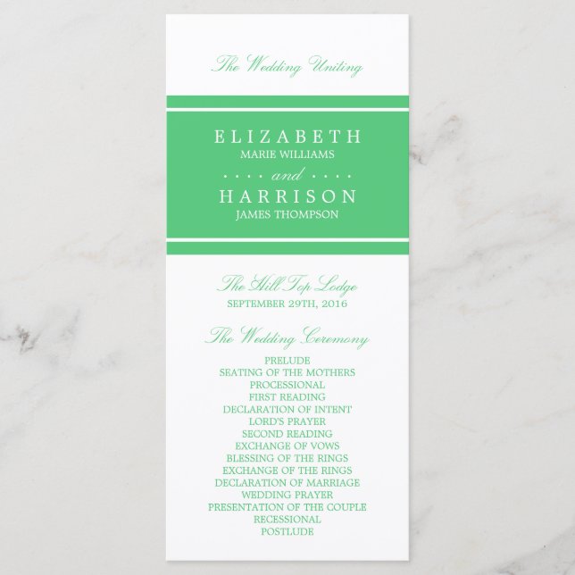 Emerald Green Modern Wedding Program (Front)