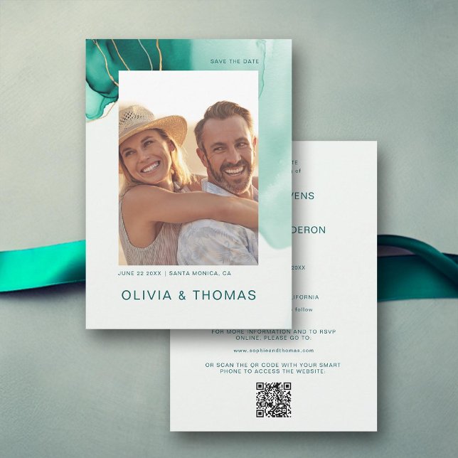 Emerald Green Modern Wedding QR Photo Save Date Invitation (emerald gold wedding photo save the date modern romantic elegant bohemian chic simple classy luxury)