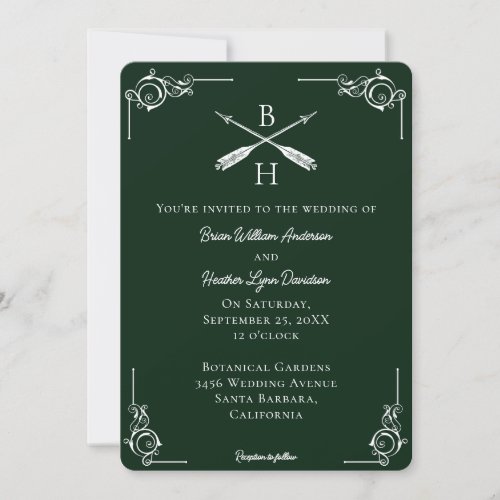 Emerald Green Monogram and Arrows Wedding Invitation