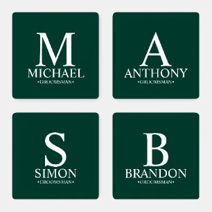 Emerald Green Monogram and Name Groomsman Coaster Set
