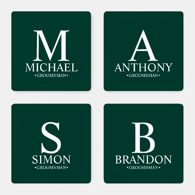 Emerald Green Monogram and Name Groomsman Coaster Set (Set)