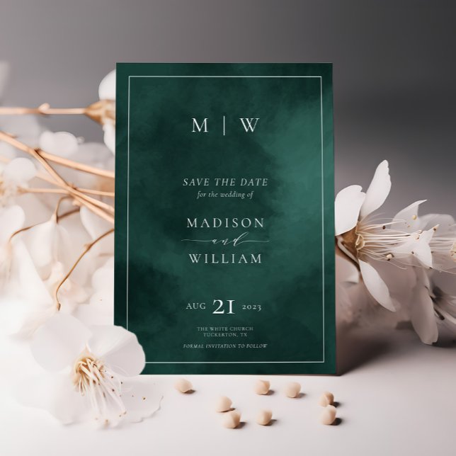 Emerald Green Monogram & Border Elegant Save The Date (Creator Uploaded)