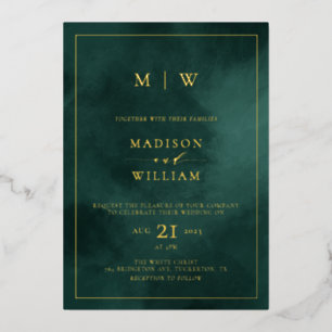 Emerald Green Monogram & Border Elegant Wedding Foil Invitation