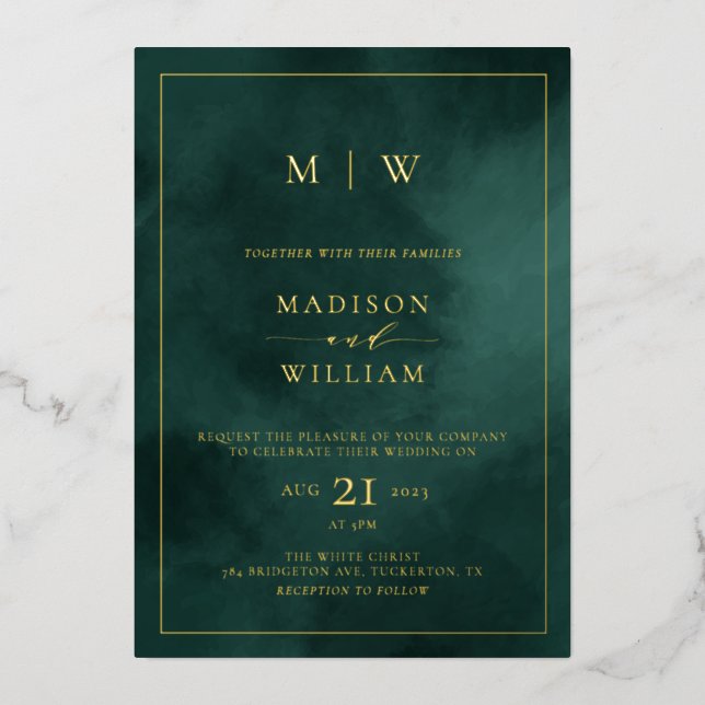 Emerald Green Monogram & Border Elegant Wedding Foil Invitation (Front)
