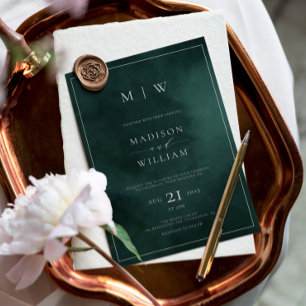 Emerald Green Monogram & Border Elegant Wedding Invitation