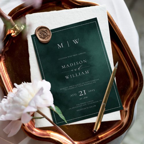 Emerald Green Monogram  Border Elegant Wedding Invitation