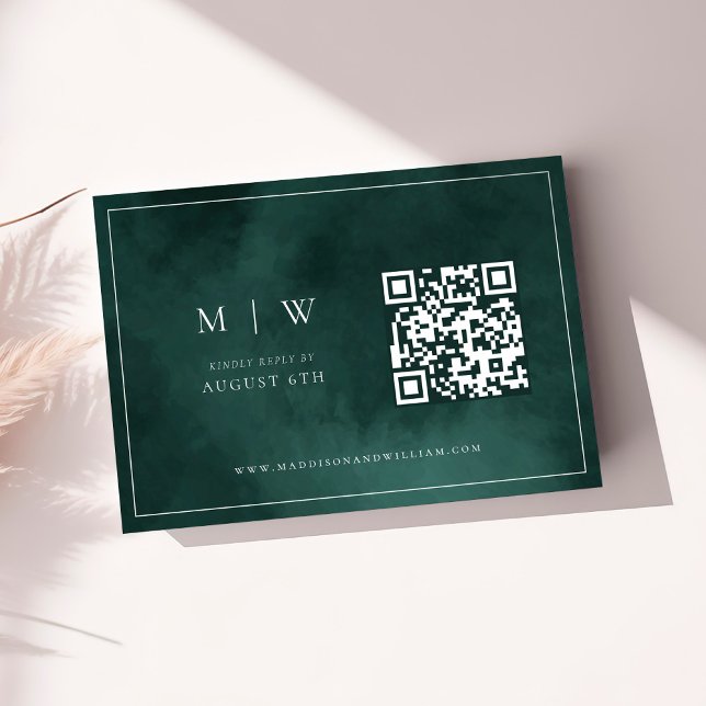 Emerald Green Monogram & Border QR Code Wedding RSVP Card (Creator Uploaded)