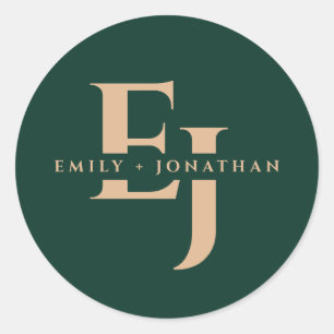 Emerald green monogram couple names fall wedding classic round sticker
