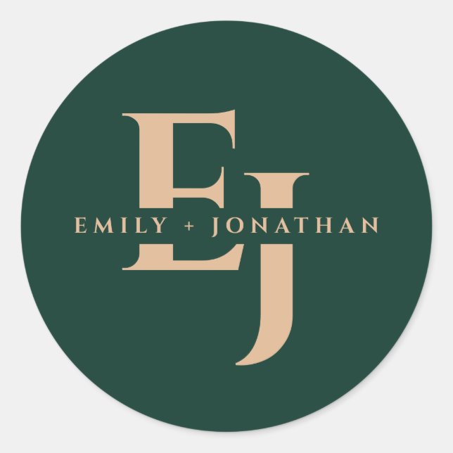 Emerald green monogram couple names fall wedding  classic round sticker (Front)