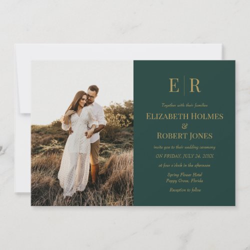 Emerald Green Monogram Couple Photo Wedding  Invitation