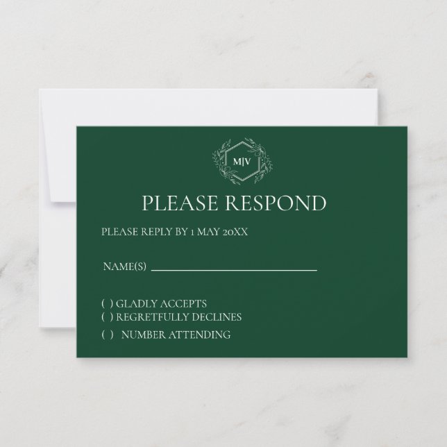 Emerald Green Monogram Crest RSVP card (Front)