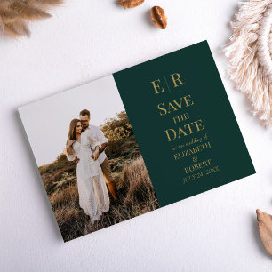 Emerald Green Monogram Custom Photo Save the Date Invitation