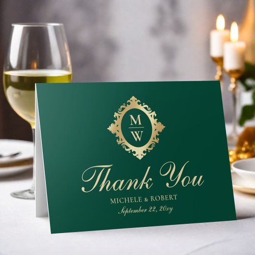 Emerald Green Monogram Elegant Gold Thank You Card