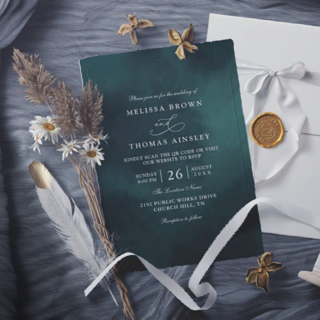 Emerald Green Monogram Elegant QR Code Wedding Invitation (Creator Uploaded)