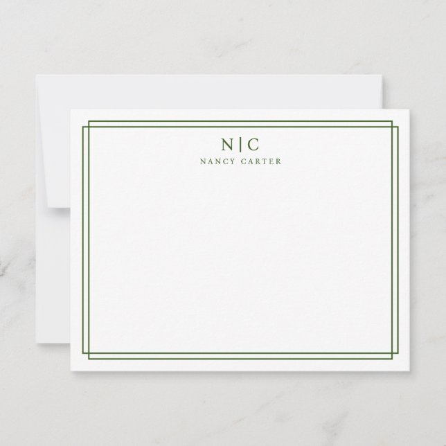 Emerald Green Monogram Geometric Border Note Card (Front)