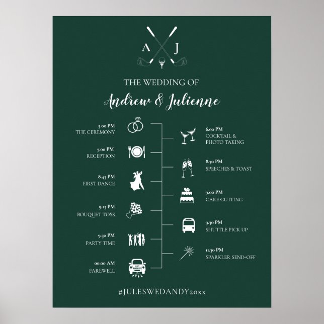 Emerald Green Monogram Golf Wedding Timeline Poster (Front)
