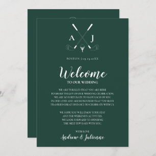 Emerald Green Monogram Golf Wedding Welcome Note Invitation