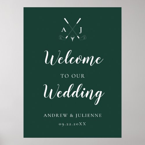 Emerald Green Monogram Golf Wedding Welcome Poster