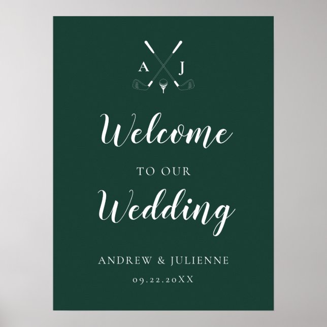 Emerald Green Monogram Golf Wedding Welcome Poster (Front)