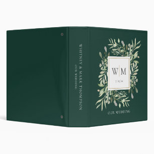 Emerald Green Monogram Greenery Wedding Photo 3 Ring Binder