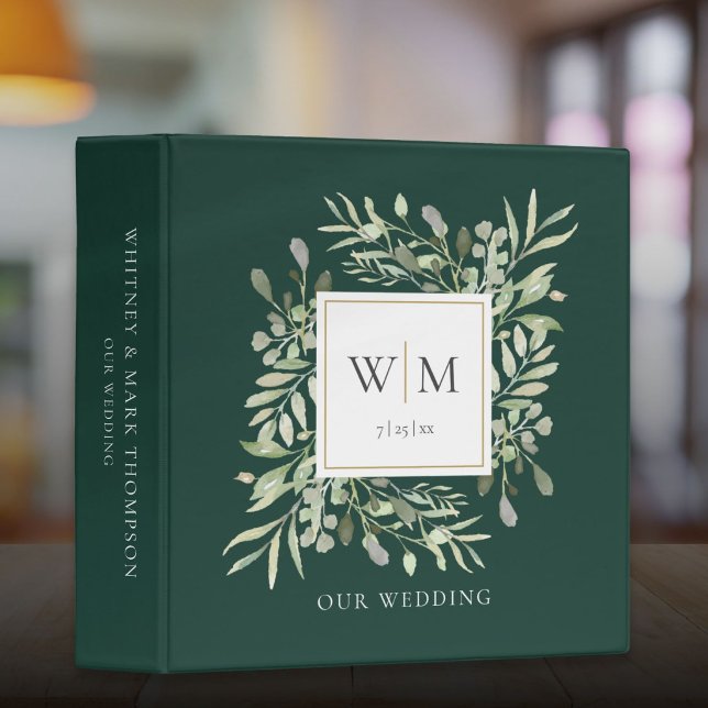 Emerald Green Monogram Greenery Wedding Photo 3 Ring Binder (Emerald Green Monogram Greenery Wedding Photo 3 Ring Binder)