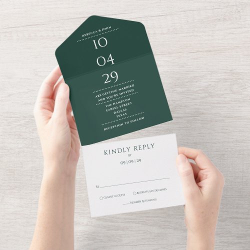 Emerald Green Monogram Minimalist Wedding Date All In One Invitation