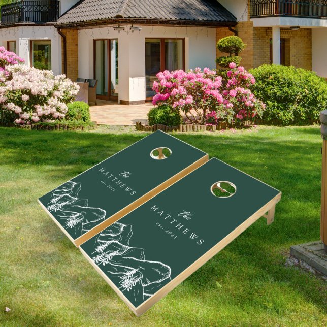 Emerald Green Monogram Mountains Winter Family Cornhole Set (Creator Uploaded)