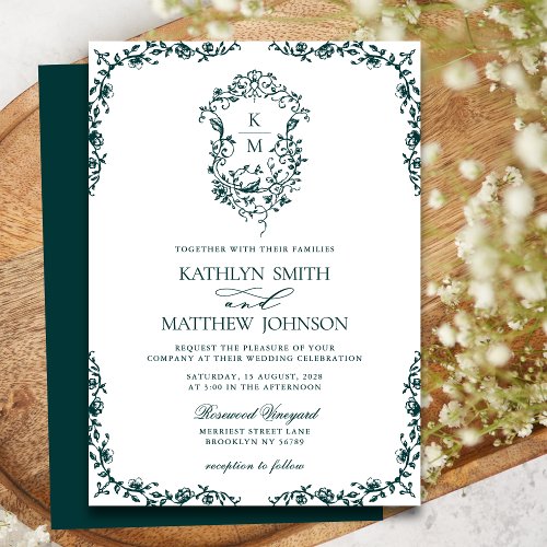 Emerald Green Monogram Vintage Crest Wedding Invitation