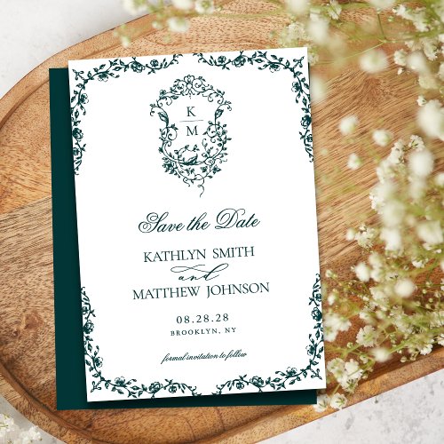 Emerald Green Monogram Vintage Crest Wedding Save The Date