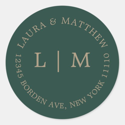 Emerald Green Monogram Wedding Classic Round Sticker