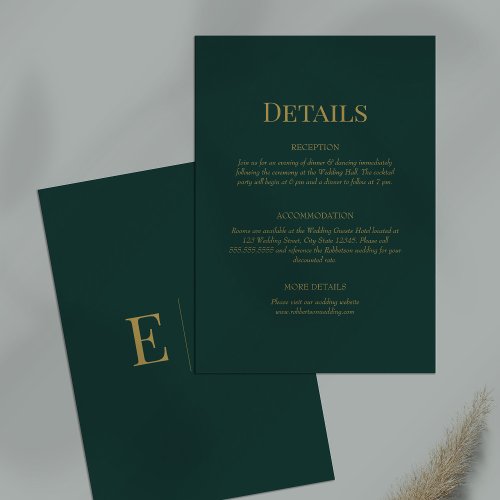 Emerald Green Monogram Wedding Details Card
