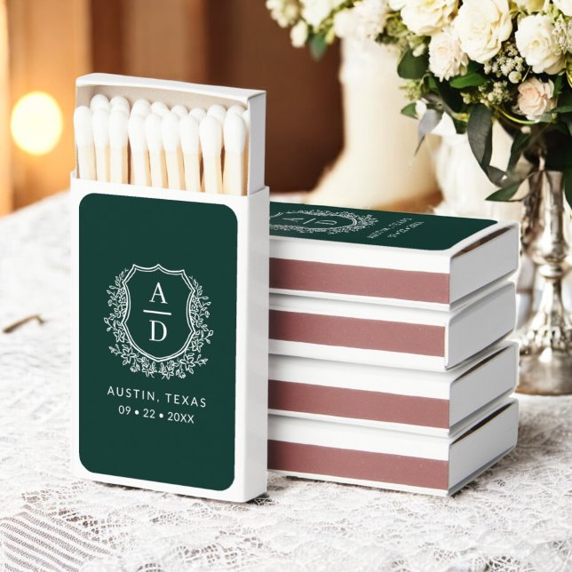 Emerald Green Monogram Wedding Floral Crest Matchboxes (Creator Uploaded)