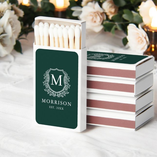 Emerald Green Monogram Wedding Floral Crest Matchboxes (Creator Uploaded)