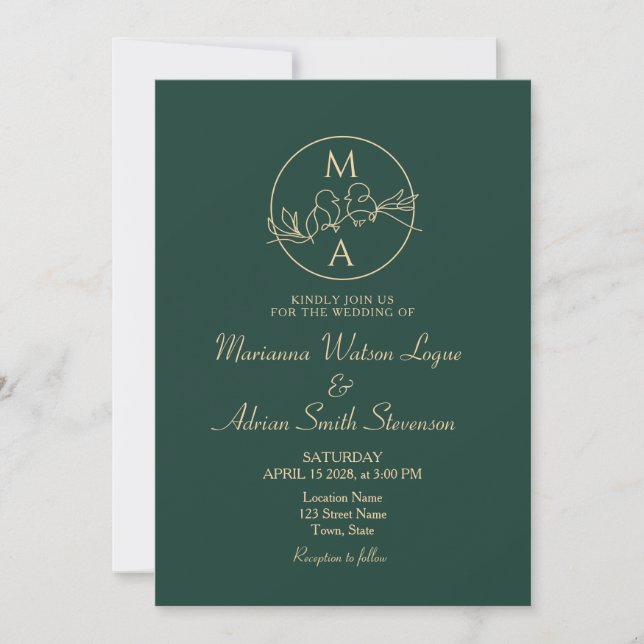 Emerald Green Monogram Wedding Invitation (Front)