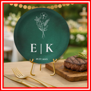 Emerald Green Monogram Wildflower Wedding Paper Plates