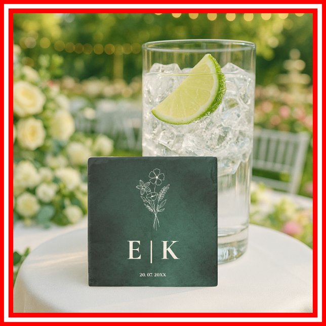Emerald Green Monogram Wildflower Wedding Stone Coaster (Creator Uploaded)